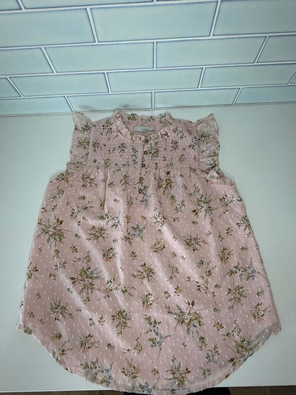 Pink Floral Smocked Sleeveless Blouse with Flutter Sleeves